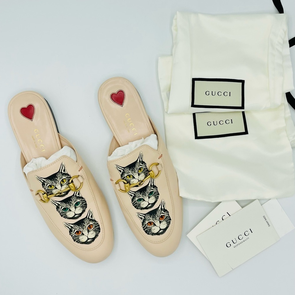 GUCCI Women's Princetown Leather Mule Slide Mystic Cat Pink Horsebit 36